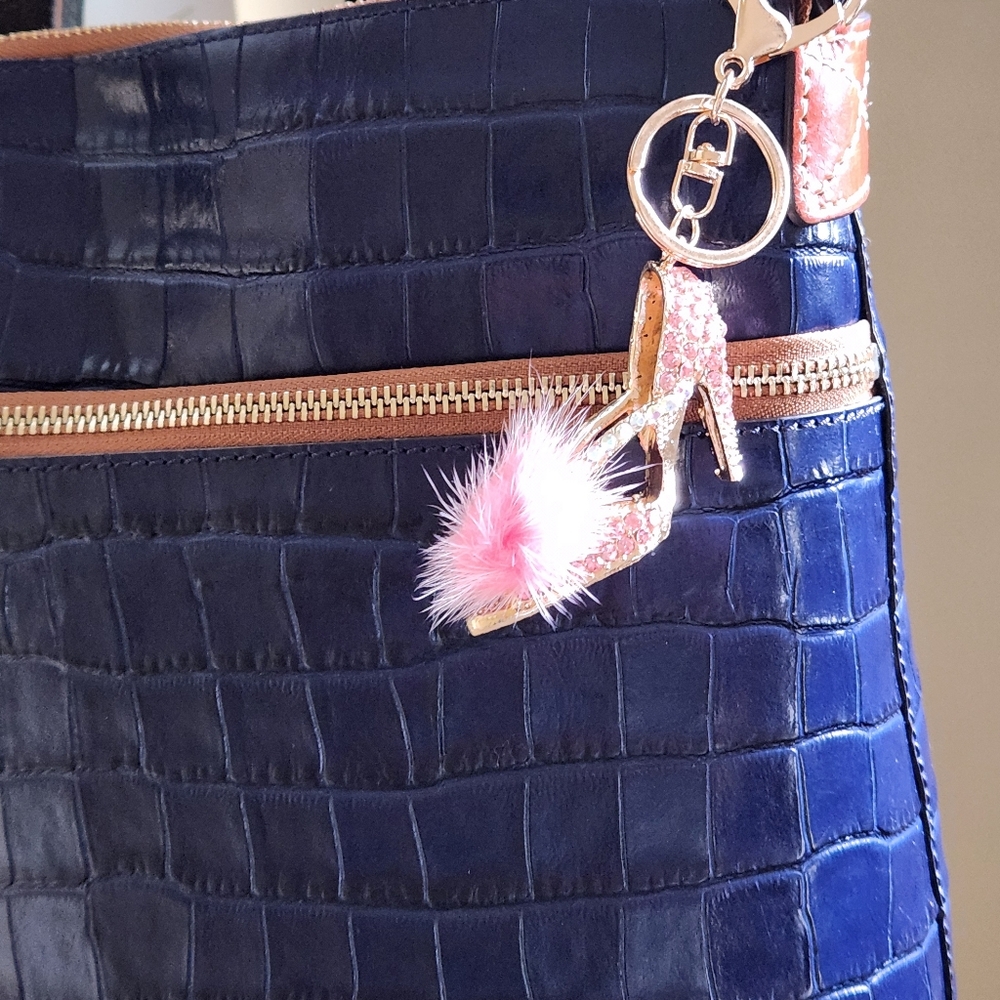 NWT Pink Rhinestone High Heel Keychain & Bag Charm with Fur Pom Pom - Picture 4 of 6